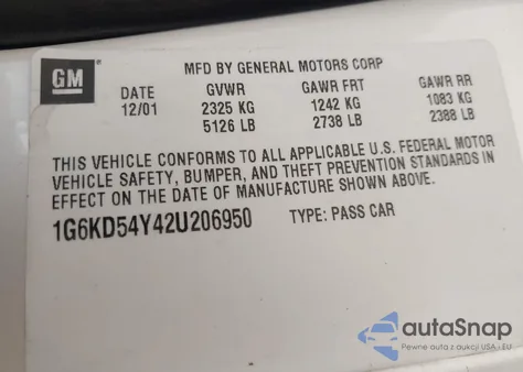 2002 Cadillac Deville Standard z USA, uszkodzony, nr VIN 1G6KD54Y42U206950